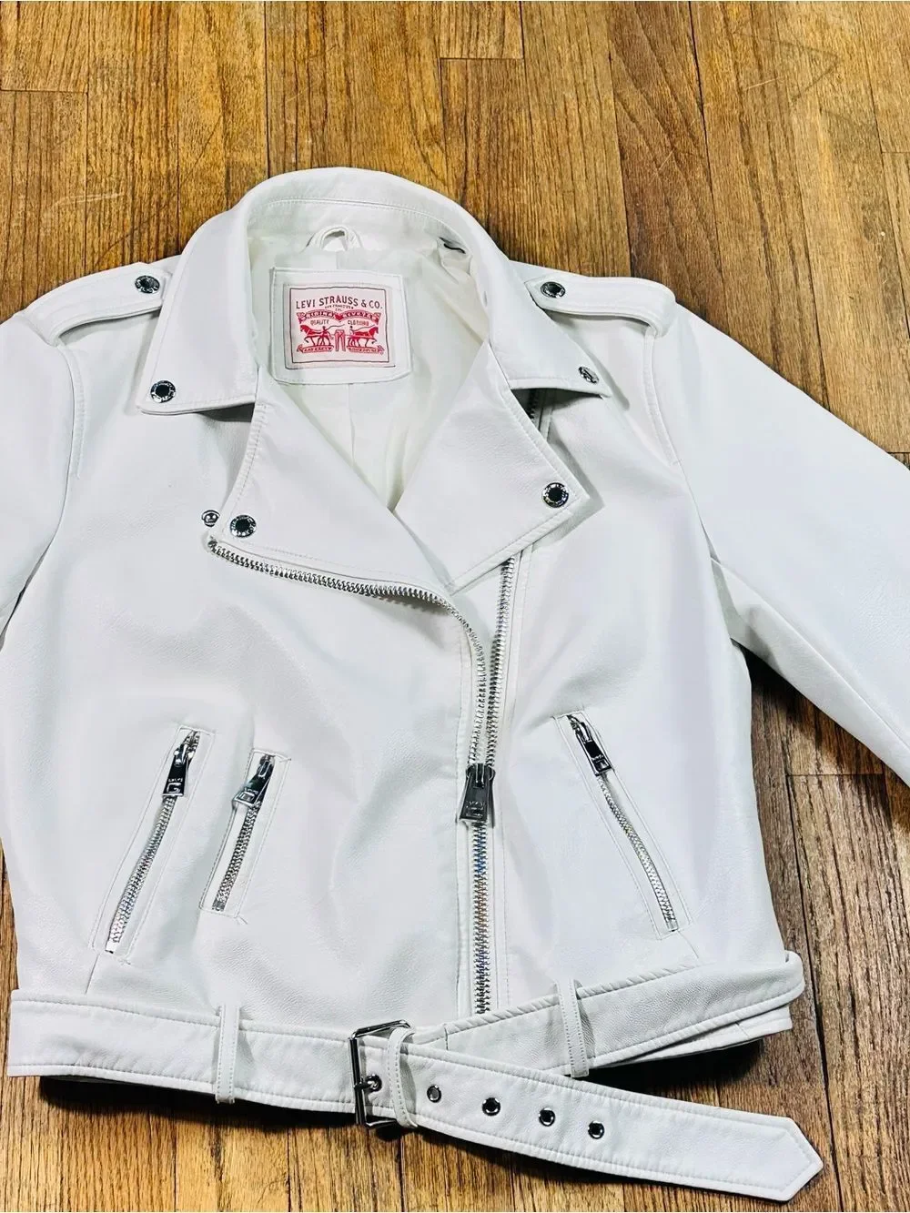 Levi's White Women's Biker faux  Leather Jacket with Belt